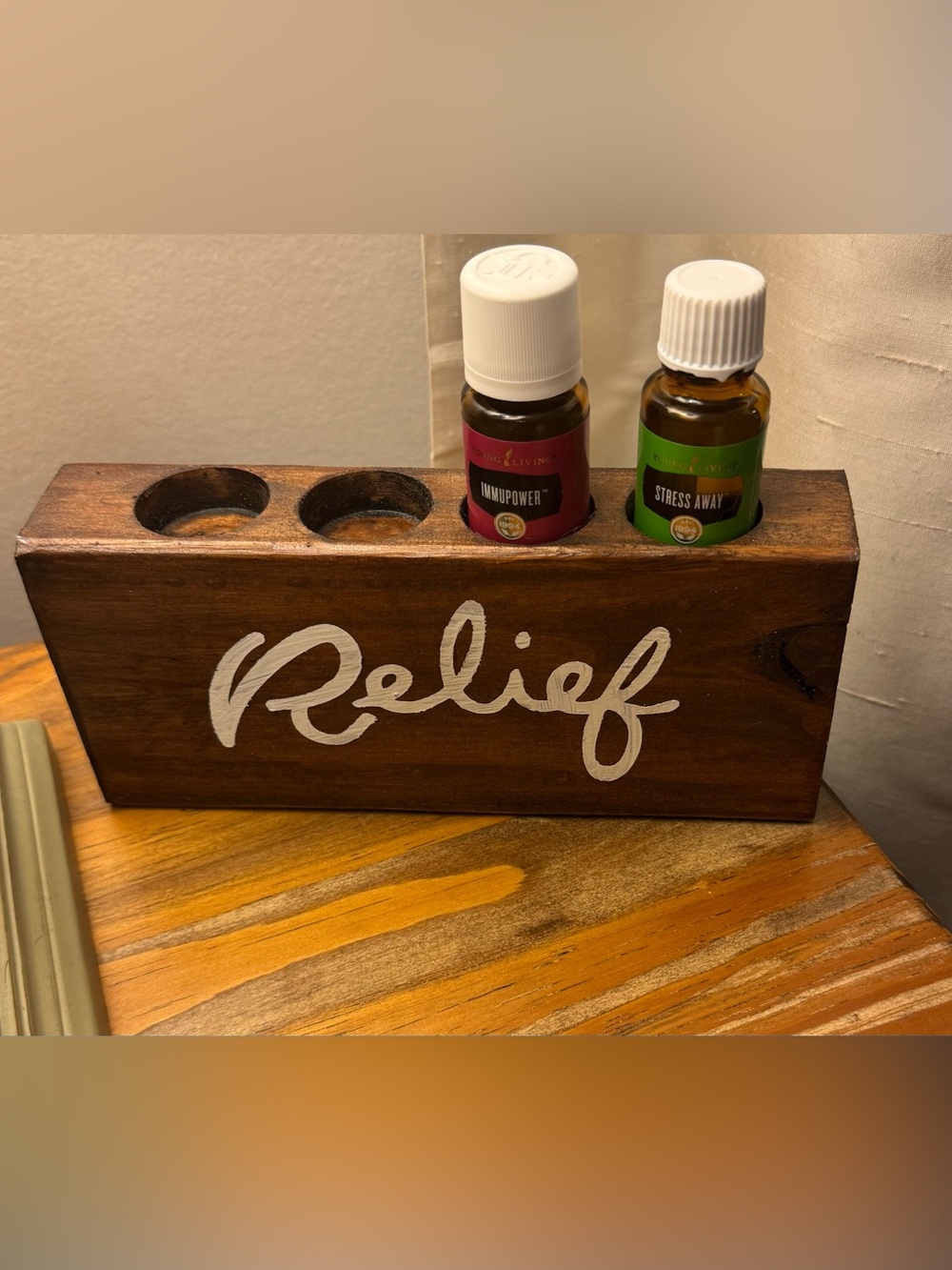 Essential Oil Holder 🍃 with 'Relief' Script on Wood Block 🍃 Handmade in the USA